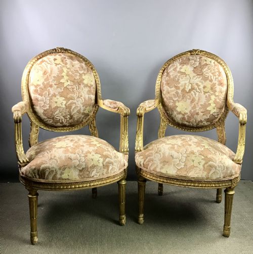 Pair of French Giltwood Fauteuil / Armchairs in Louis Xvi Style