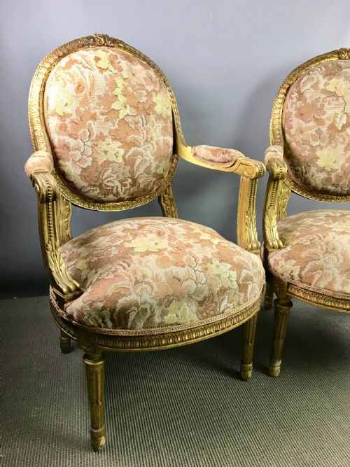 fig 1. Pair of French Giltwood Fauteuil / Armchairs in Louis XVI Style