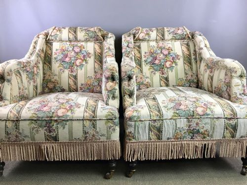 Pair of Unusual Victorian Tapestry Upholstered Armchairs
