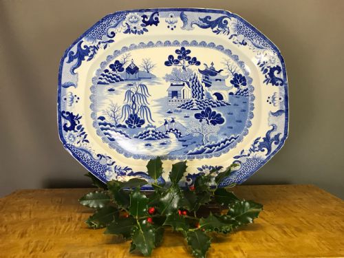 Victorian Ironstone Blue & White Willow Pattern Meat / Turkey Plate