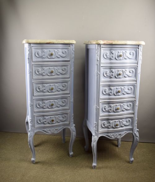 Pair of French Marble Top Blue Painted Bedside Chests of Drawers
