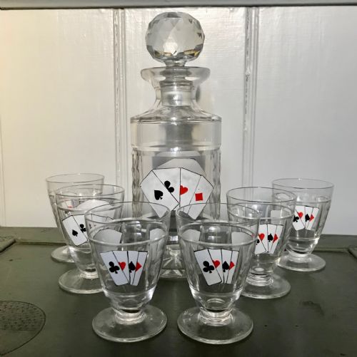 Bohemian Cut Glass Decanter Set Enamelled with Playing Cards in the Manner of Karl Palda