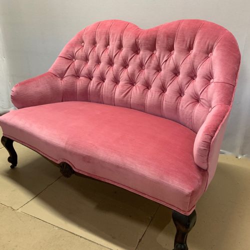 French Napoleon III Button Back Pink Velvet Sofa