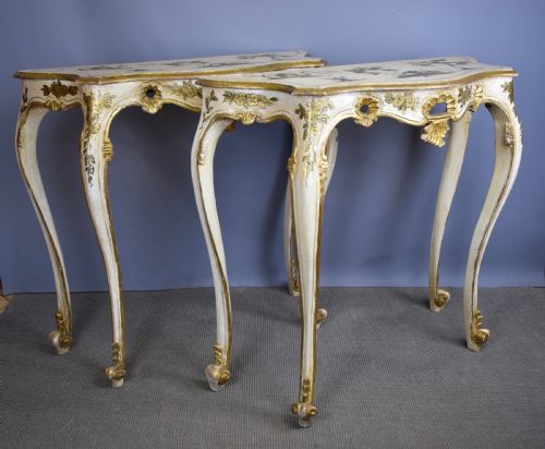 Pair of Italian Painted & Gilt Chinoiserie Console Tables in Rococo Style