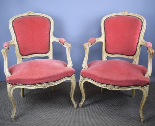 Pair of Painted French Fauteuil Armchairs in Louis Xv Style with Rose Pink Velvet Upholstery