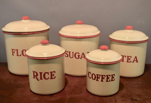 Set of Five Vintage Enamel Kitchen Storage Canisters