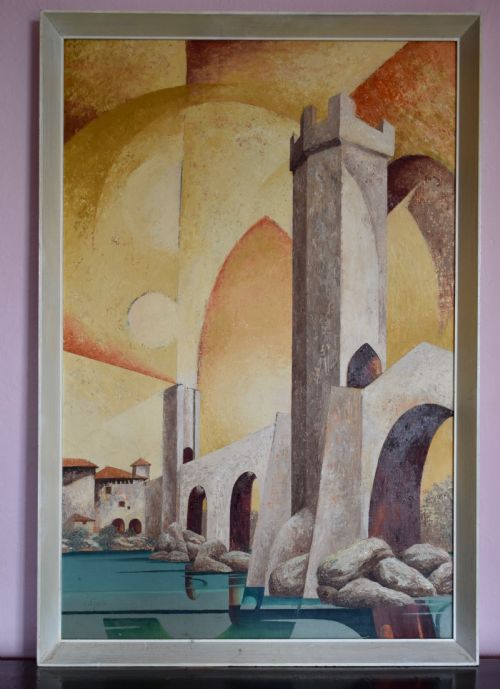 Surreal Oil on Board of Besalu Bridge, Girona by C.d. Jack