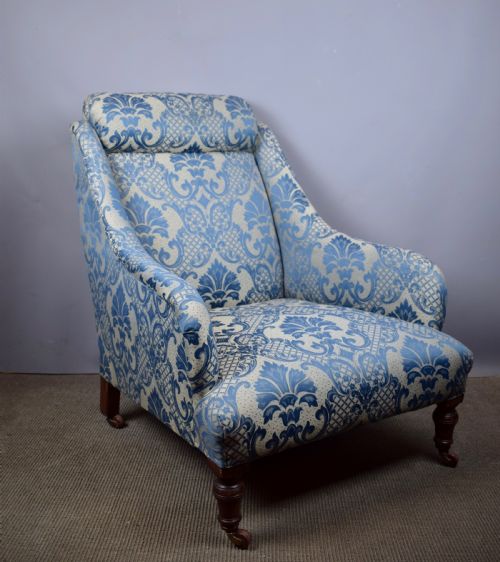 Antique Victorian Armchair Upholstered in Blue Damask