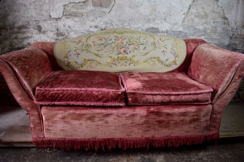 Antique Edwardian Raspberry Pink Velvet Sofa with Needlework Back