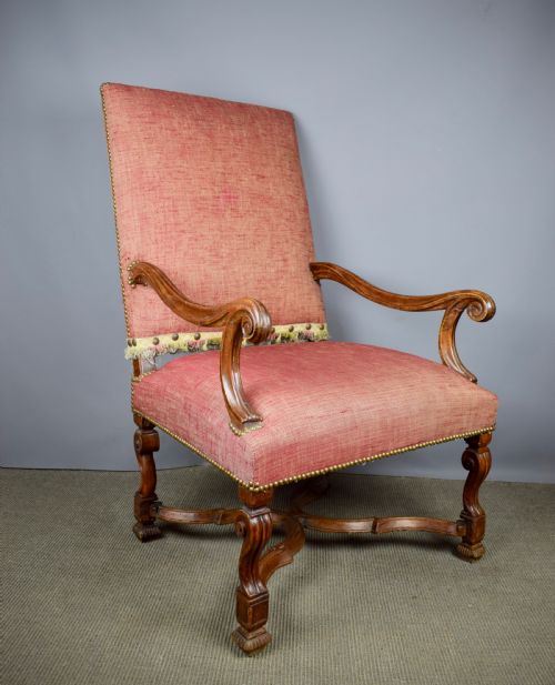 French 17th/18th Century Walnut Armchair Upholstered in Pink Linen