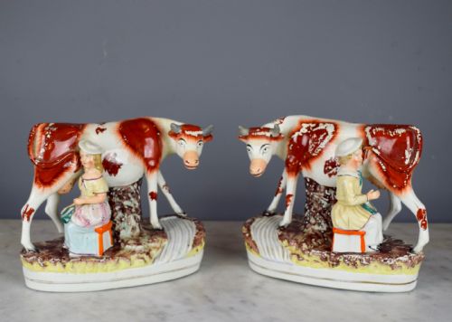 Pair of Victorian Staffordshire Pottery Figure Groups of Cows with Milkmaids