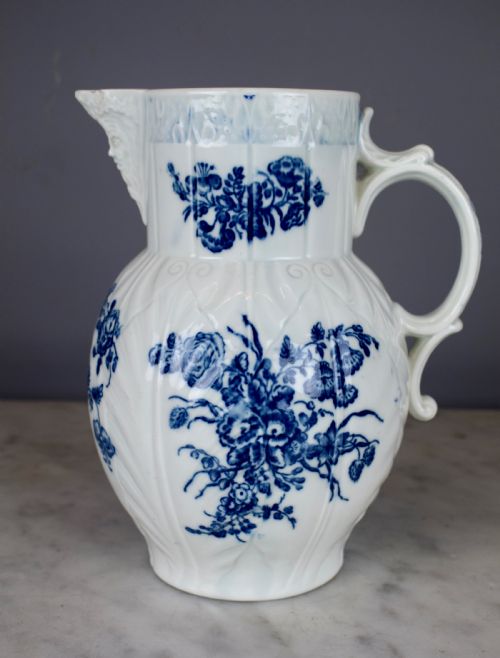 Worcester Blue & White Cabbage Leaf Mask Jug Circa 1770