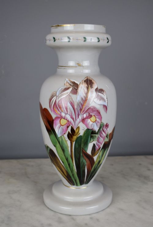 Victorian Milk Glass Vase Hand Enamelled with Flowers