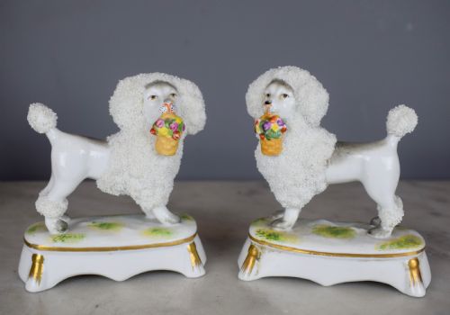 Pair of French Samson Porcelain Poodles Carrying Baskets in Their Mouths