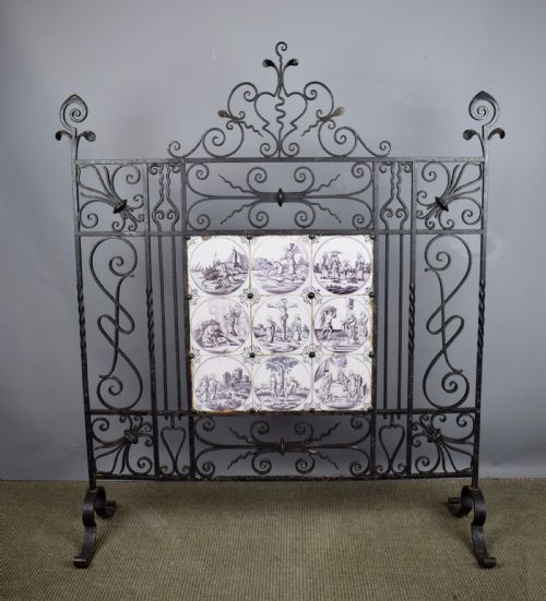 Wrought Iron Fire Screen Inset with 18th Century Manganese Delft Tiles