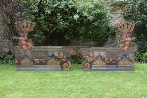 Spectacular Pair of Italian Hand Painted Trompe L'oeil Architectural Church Altar Board Panels with Cherubs