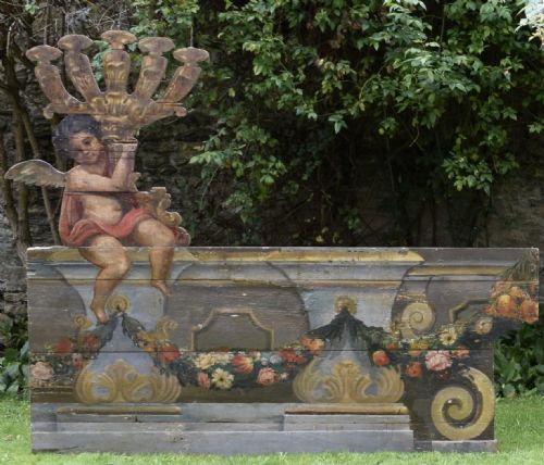 fig 1. Spectacular Pair of Italian Hand Painted Trompe L'oeil Architectural Church Altar Board Panels with Cherubs 