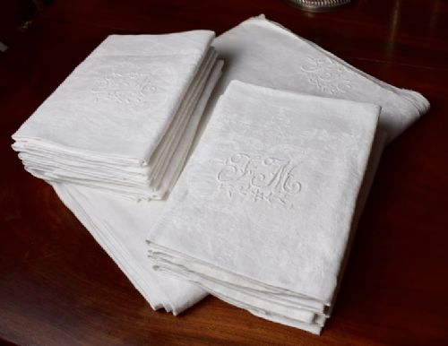 French Monogrammed White Damask Tablecloth & 12 Napkins