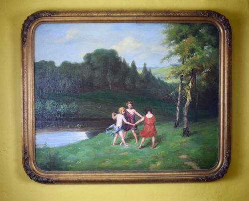 Paul Weber Oil on Canvas of Woodland Nymphs Beside a River