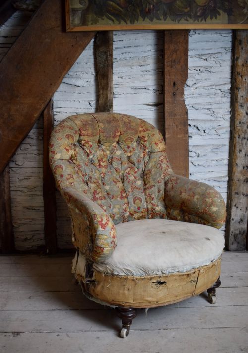 Victorian Iron Framed Button Back Armchair with Sprung Seat, for Re-covering