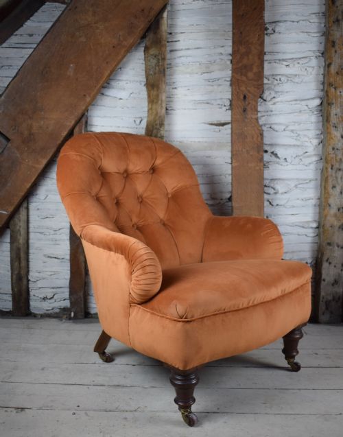 Antique Button Back Armchair by Cornelius V Smith, Newly Upholstered in Burnt Orange Velvet