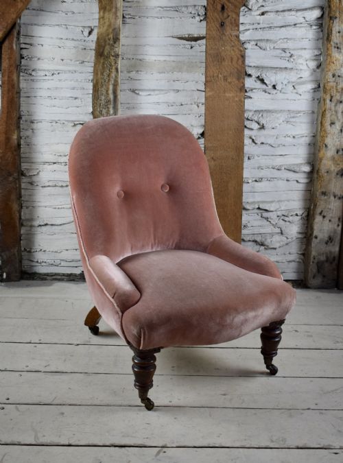 Small Antique Victorian Button Back Chair in Dusky Pink Velvet