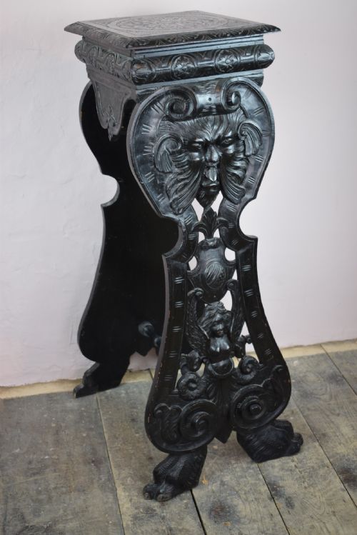 Antique Italian Renaissance Revival Grotesque Carved Sgabello Torchere / Plant Stand