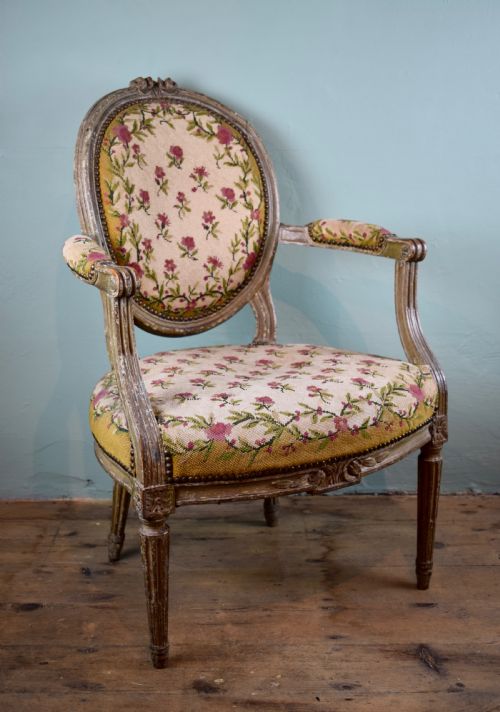 Antique French Louis Xvi Style Fauteuil Armchair in Original Paint and with Needlework Upholstery