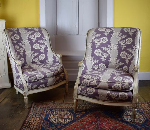 Pair of Louis Xvi Style Painted Tub Armchairs with Damask Upholstery