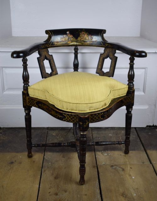 Edwardian Chinoiserie Decorated Black Lacquer Corner Chair