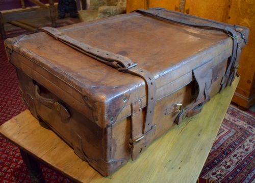 Exceptional Antique Large Leather Suitcase with Chubb Lock