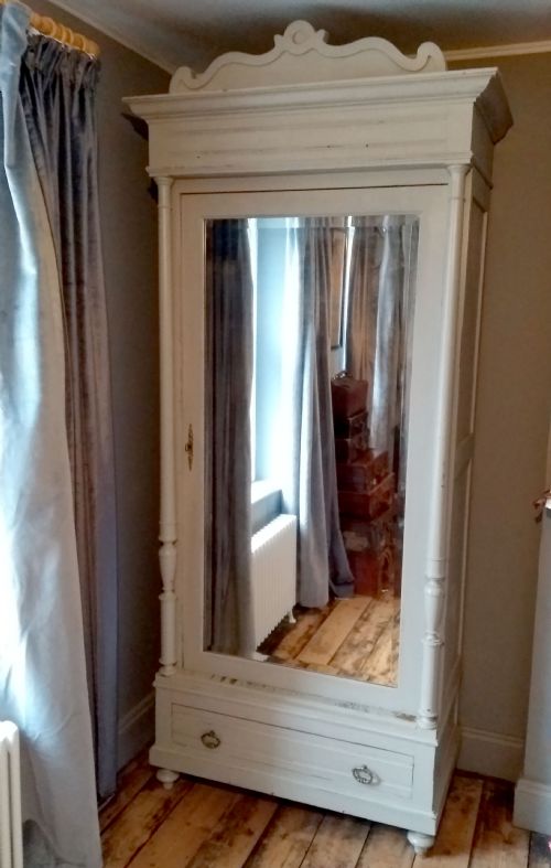 Antique French Grey Painted Mirror Door Armoire