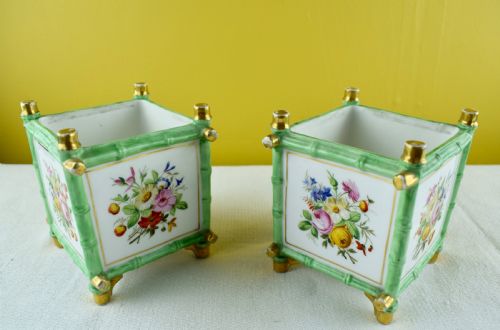 Pair of Hand Painted French Porcelain Faux Bamboo Cache Pots Planters
