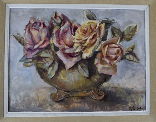 French Still Life Oil on Canvas of Roses in a Vase