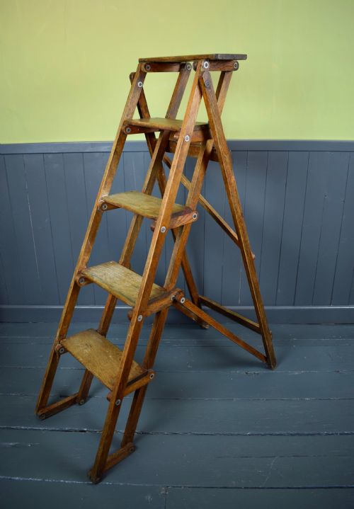 Vintage Oak Folding Shop Steps Ladder