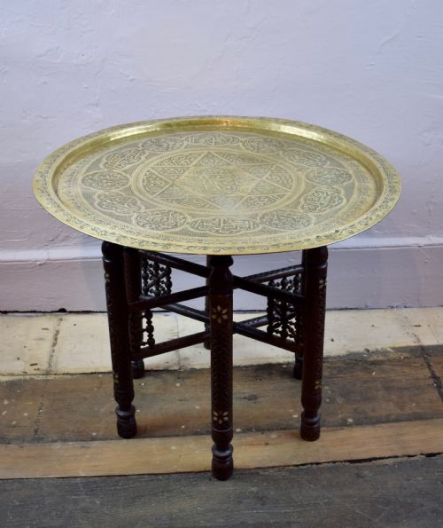 Middle Eastern Brass Tray Top Table Upon Inlaid Folding Stand