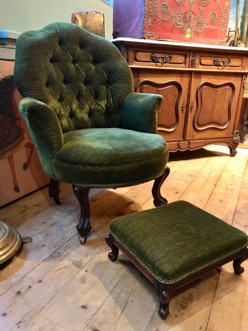 Antique Button Back Armchair and Footstool