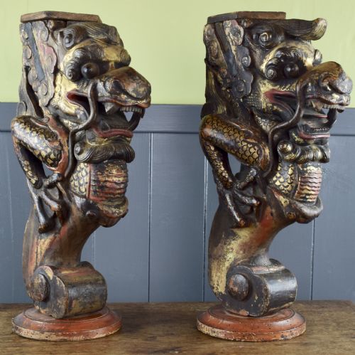 Pair of Antique Chinese Dragon Carvings with Polychrome and Gilt Decoration