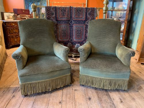 Pair of Antique French Napoleon III Armchairs Upholstered in Green Corduroy