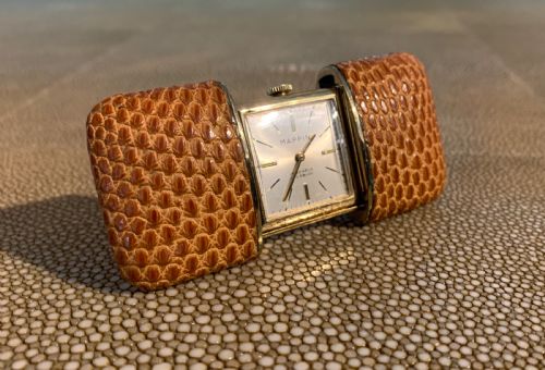 Art Deco Mappin Lizard Skin Sliding Purse Travel Watch