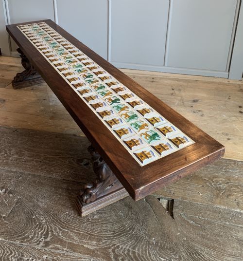 Unusual Tile Top Bench with Carved Oak Griffin Supports