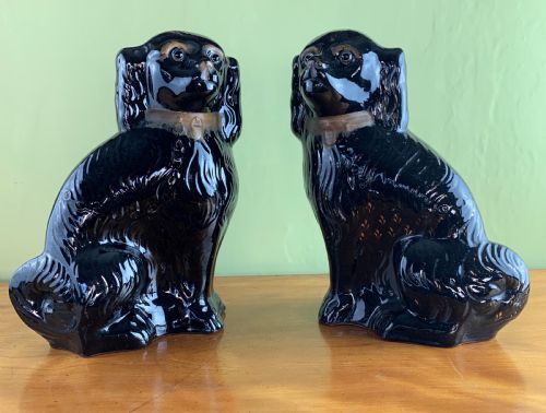 Pair of Victorian Black Staffordshire Dogs with Glass Eyes
