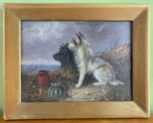 George Armfield, Terriers in a Landscape, Oil on Panel, Signed.
