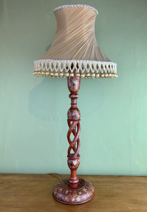 Antique Kashmiri Triple Helix Hand Painted Candlestick Lamp