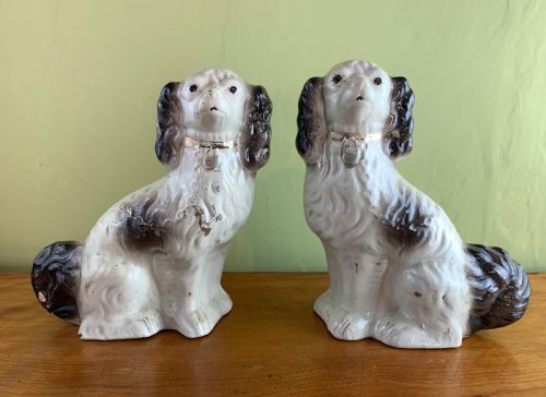 Pair of Victorian Black and White Staffordshire Pottery Dogs.