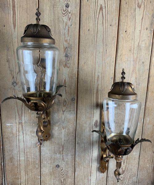 Pair of Vintage Toleware and Wrought Metal Porch Lanterns
