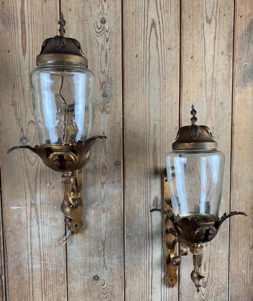 fig 1. Pair of vintage toleware and wrought metal porch lanterns