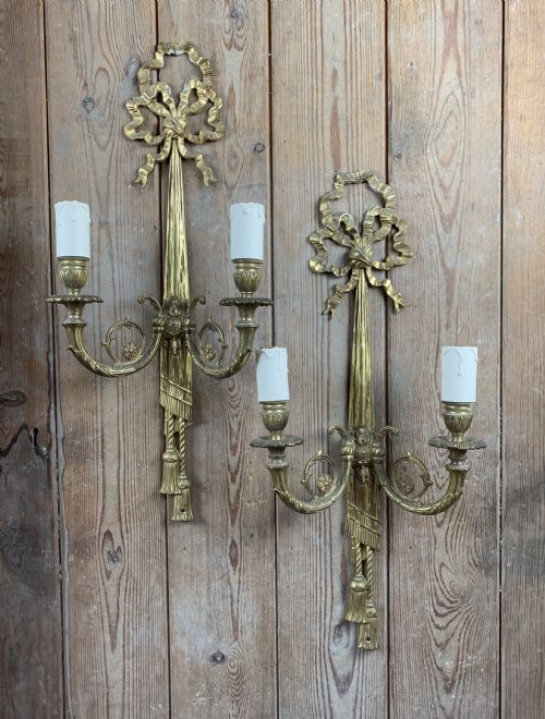 Pair of French Gilt Brass Two Branch Wall Sconces in Louis Xvi Style