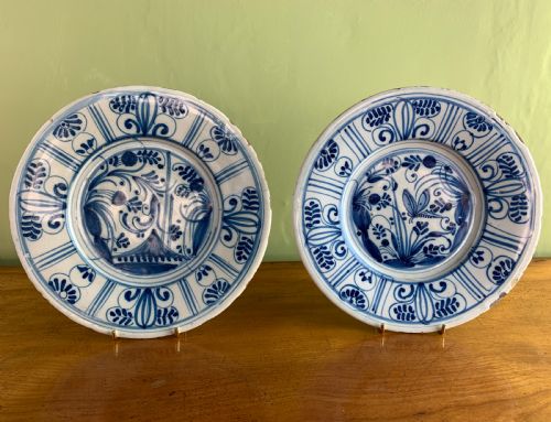 A Pair of Delft Blue & White Tin Glaze Plates, Mid 18th Century