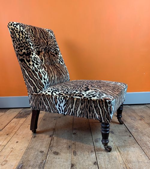 Antique Button Back Occasional Chair Re-upholstered in Leopard Print Velvet